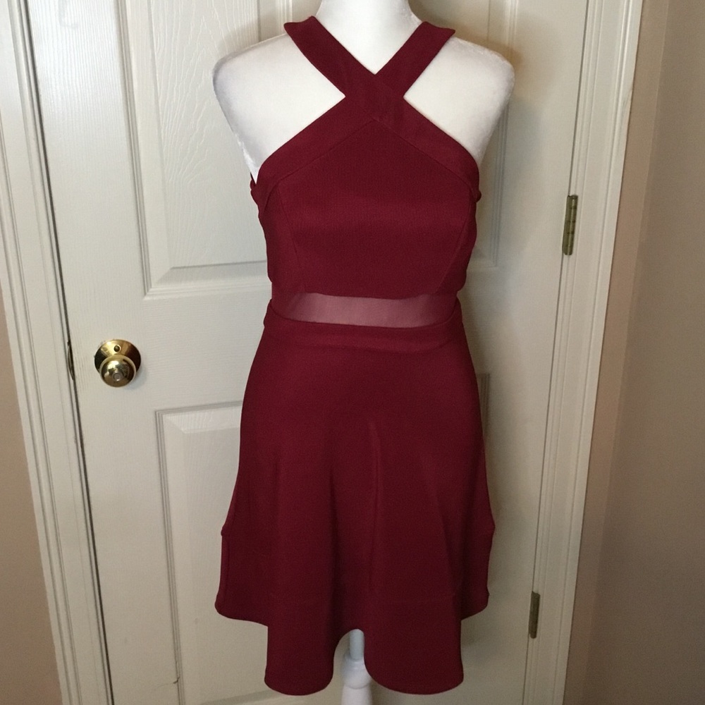 Honey & Rosie Burgundy Fit & Flare Mesh Dress  - S